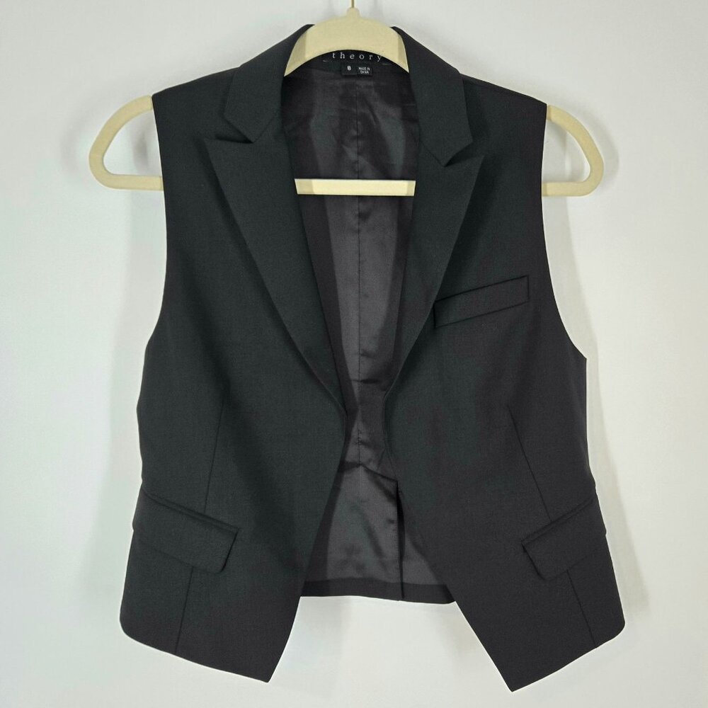 Theory Black Wool Open Front Short Vest Menswear Inspired Women's Size 8